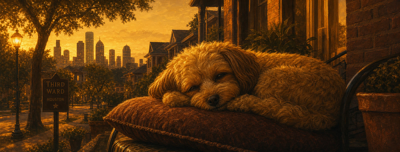 A small dog curled up contentedly on a porch cushion at golden hour.
