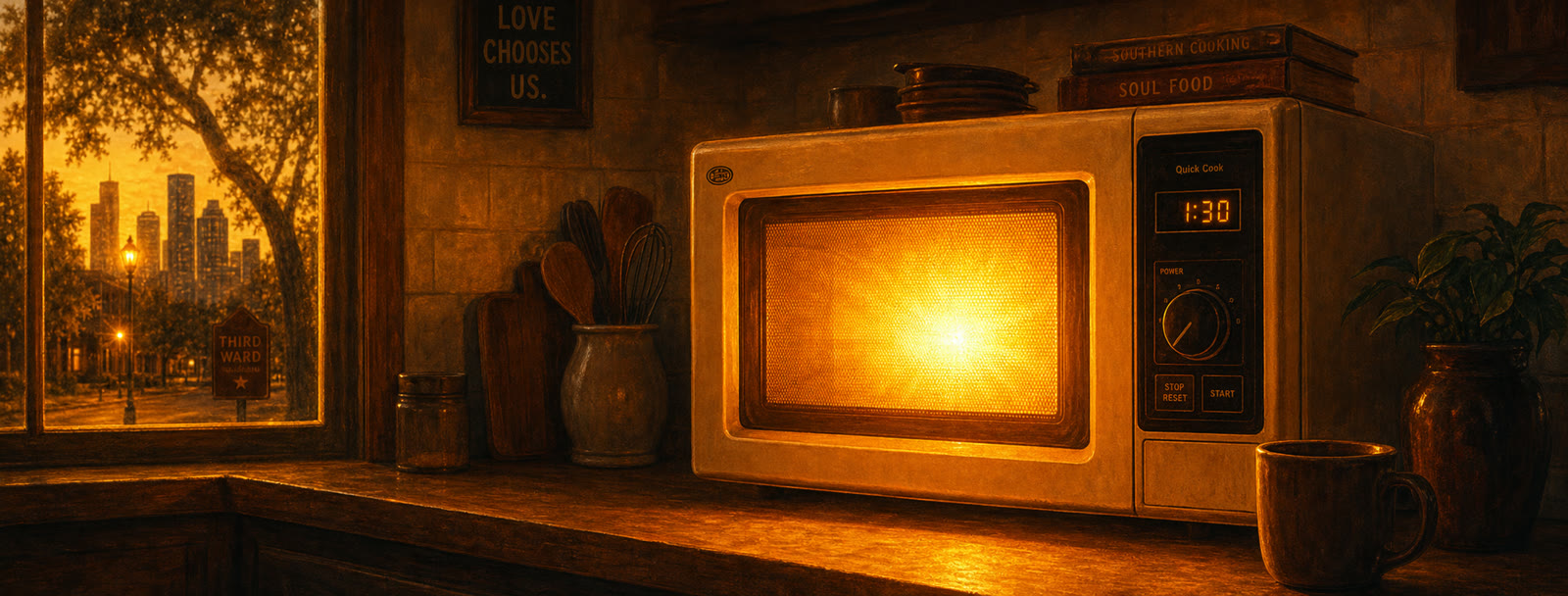 A retro microwave glowing brightly on a kitchen counter at dusk.