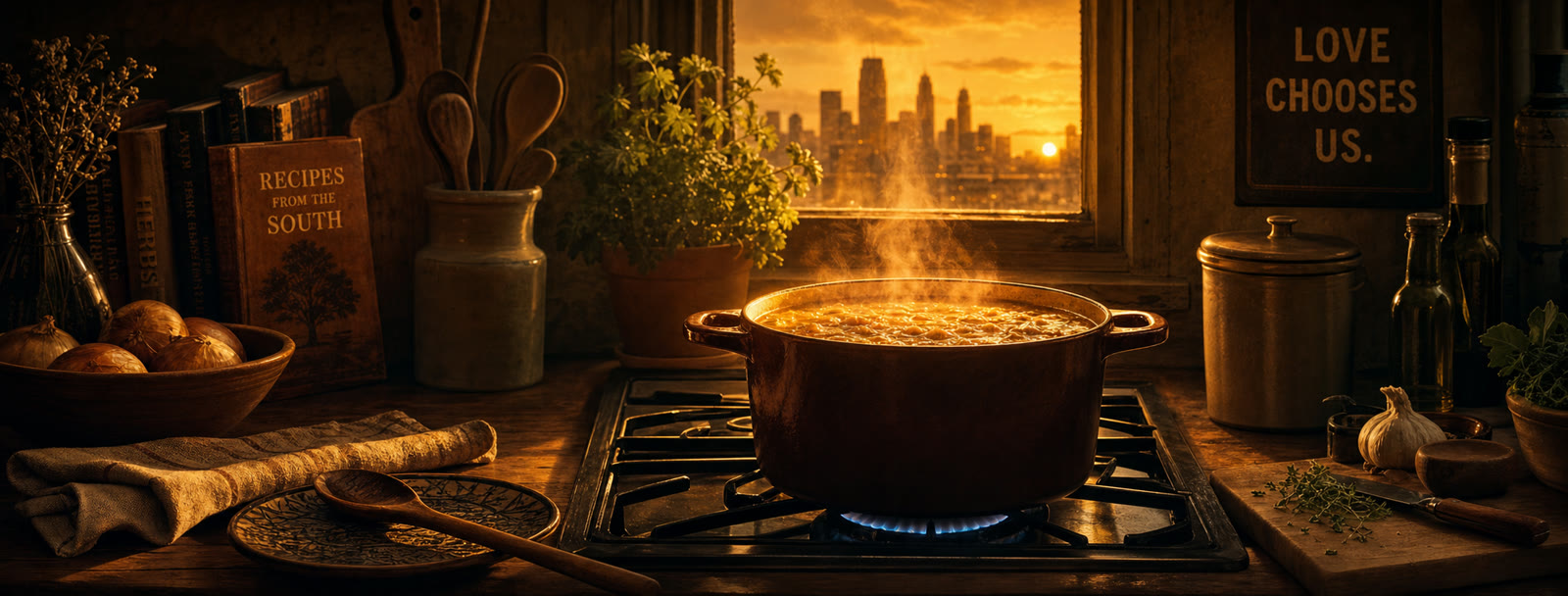A simmering pot on a warm, glowing stovetop in a cozy kitchen at golden hour.