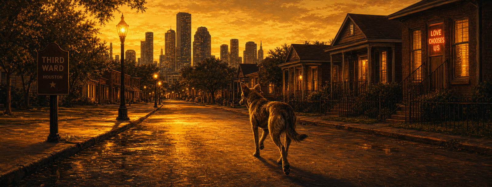 A lean street dog walking down a dusky Houston street beneath streetlights.