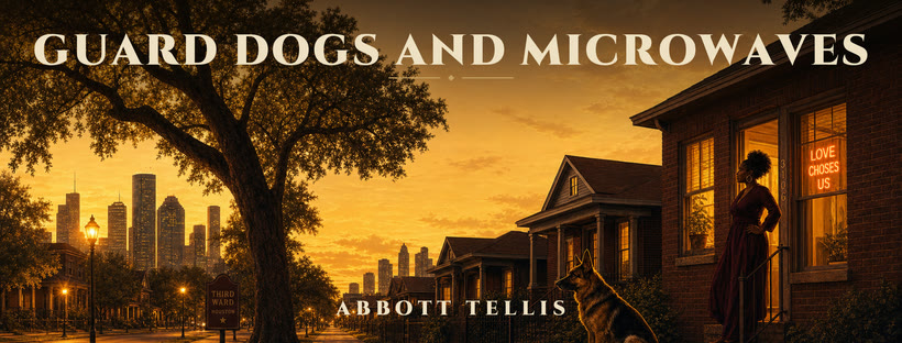 Book cover for Guard Dogs and Microwaves by Abbott Tellis, showing the Houston Third Ward scene with the title in serif type.