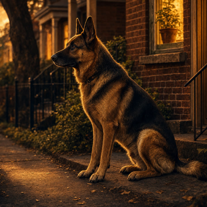 A German shepherd sitting alert on a porch in warm golden light.