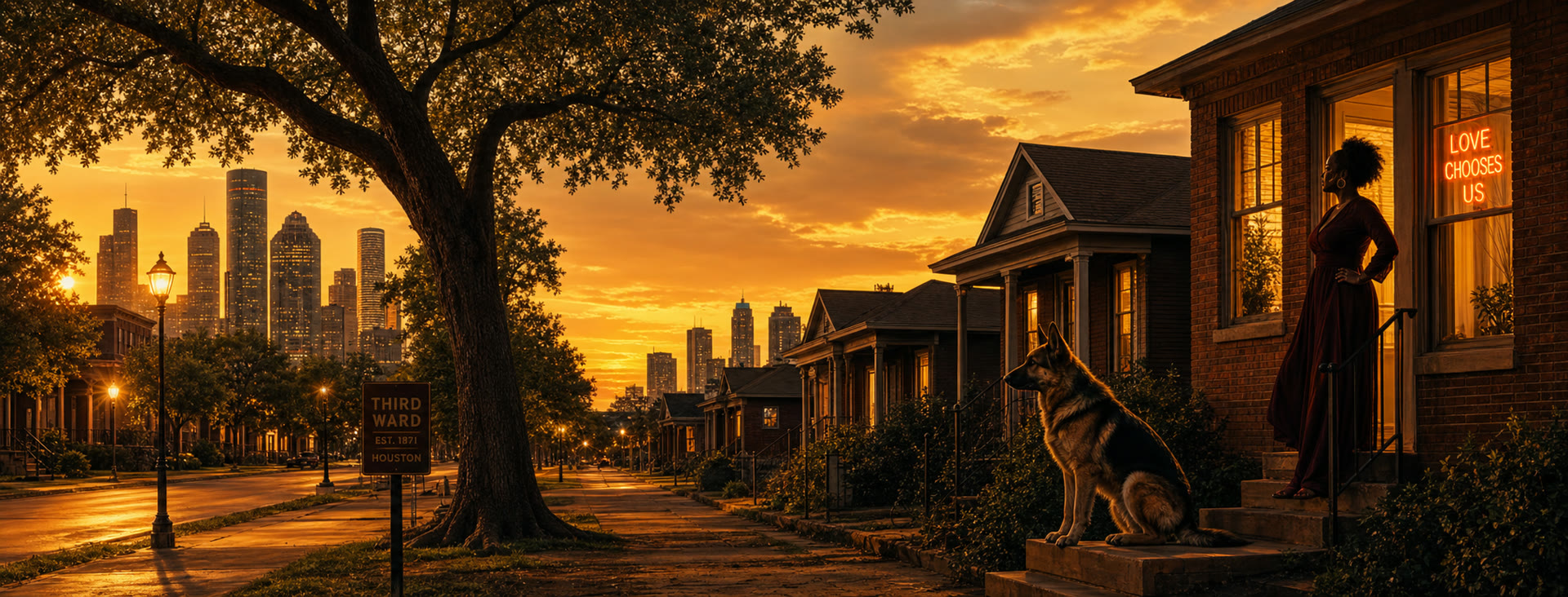 Painted golden-hour scene of a Houston Third Ward street at dusk, with a woman in a burgundy dress standing at her doorway beside a German shepherd guard dog, and a lit window reading 'Love Chooses Us.'